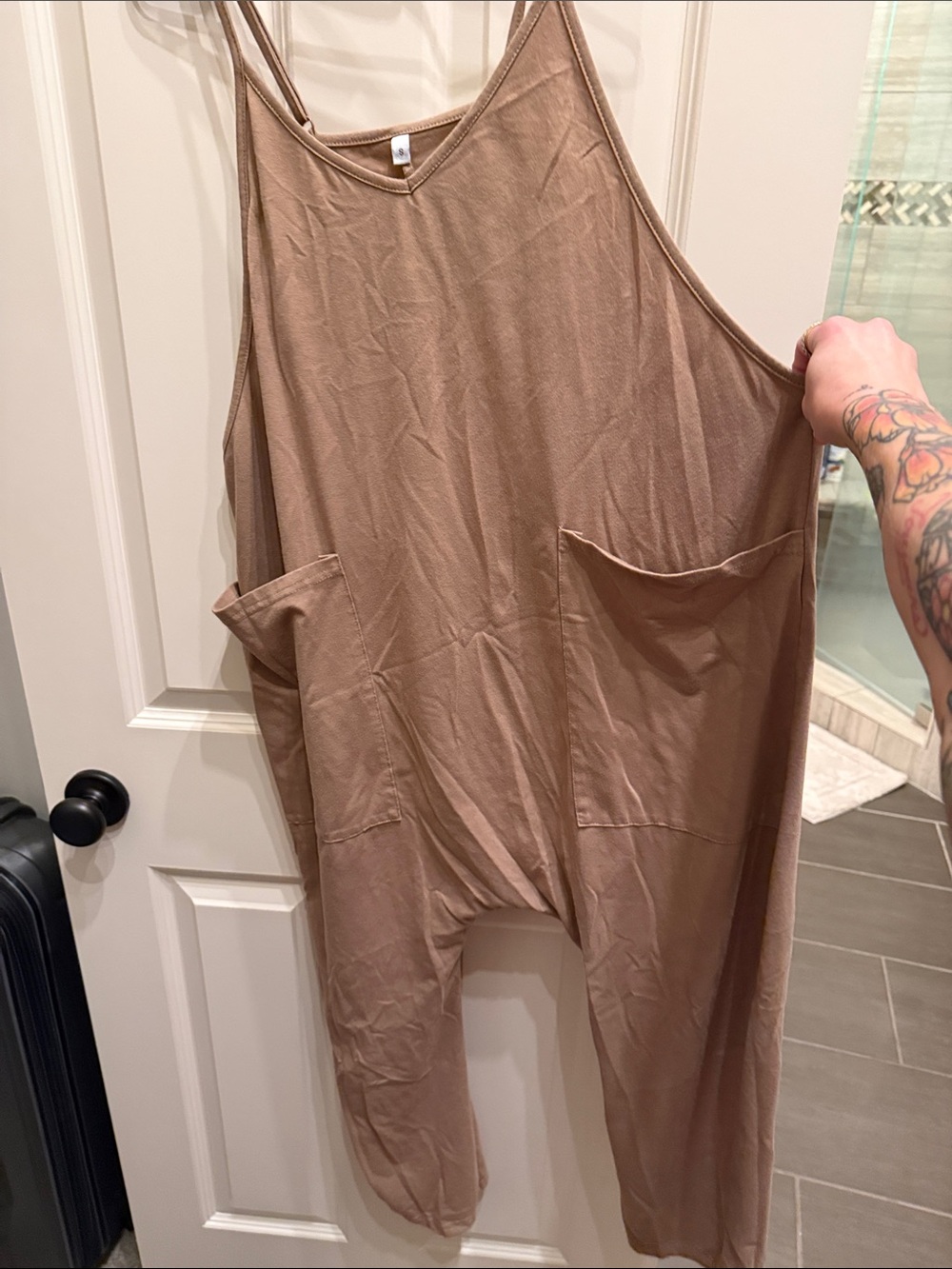 Amazon Relaxed Tie-Strap Jumpsuit in Taupe Brown